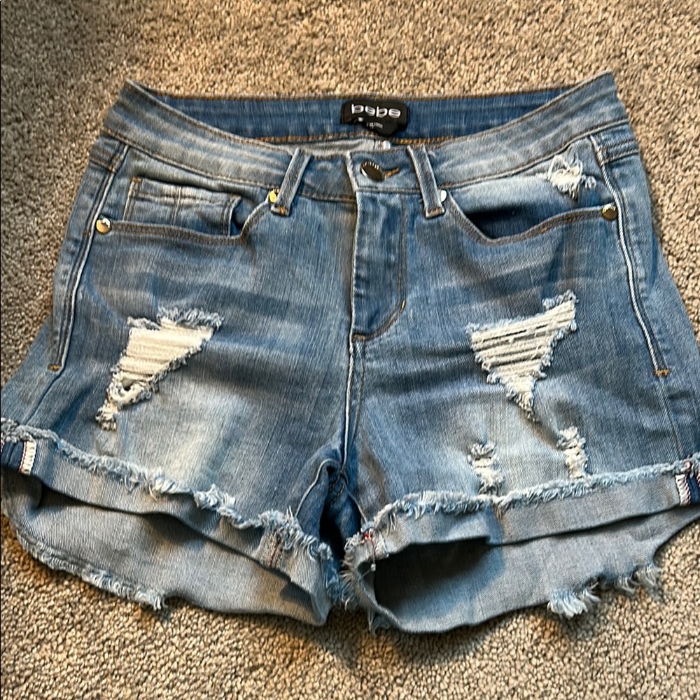 Bebe Blue Distressed Jean Shorts High-Waisted